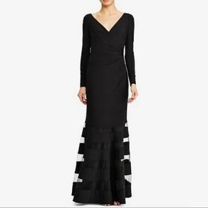 Ralph Lauren Black Long Sleve Faux Wrap Gown with Illusion Stripe